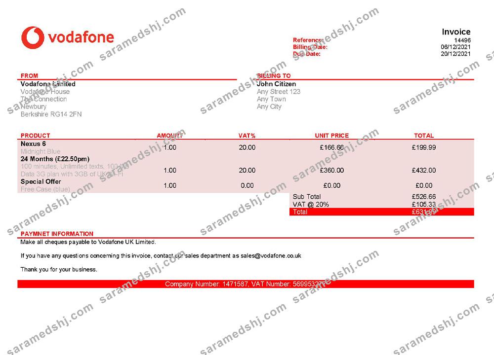 USA Vodafone invoice template